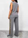 Women Casual Leopard Print Patchwork Sleeveless Vest Top and Wide-Leg Pants Two-Piece Set