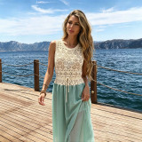 Women Hollow-Out Crochet Patchwork Chiffon Beach Dress