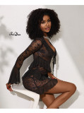 Women's Sexy See-Through Lace Deep V-Neck Bell Sleeve Bodycon Dress