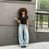 Women Double Waistband Light Washed Distressed Denim Pants