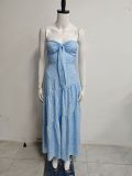 Women Strapless Bow Lace-Up Sexy Backless Pleated Printed Maxi Dress