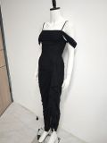 Women Sexy Backless Pleated Irregular Slit Mesh Strap Dress