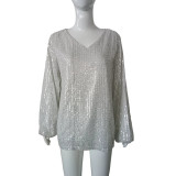 Women Silver Sequin Top V-Neck Lantern Sleeve Shirt