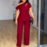 Plus Size Women Summer Casual Slash Shoulder asymmetrical bat sleeves top and Panttwo-piece set