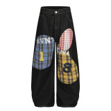 Women Checkered Number Patchwork Embroidered Denim Pants