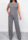 Women Casual Leopard Print Patchwork Sleeveless Vest Top and Wide-Leg Pants Two-Piece Set