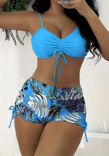 Women Tropical Leaf Print Fluorescent Square Leg Swimwear