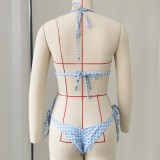 Women Striped Plaid Print Sexy Lace-Up Backless Two-Piece Swimwear