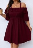 Plus Size Women Burgundy Off-Shoulder Ruffle Half-Sleeve Mini Dress