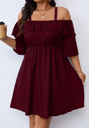 Plus Size Women Burgundy Off-Shoulder Ruffle Half-Sleeve Mini Dress