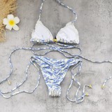 Women Bikini Lace-Up Sexy Backless Printed Two-Piece Swimwear