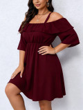 Plus Size Women Burgundy Off-Shoulder Ruffle Half-Sleeve Mini Dress