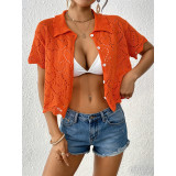 Women Hollow-Out Machine-Knitted Heart Print Jacquard Beach Short Cover-Up Top