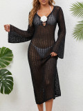 Women's See-Through Mesh Deep V-Neck Slim Beach Cover-Up Long Dress