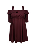 Plus Size Women Burgundy Off-Shoulder Ruffle Half-Sleeve Mini Dress