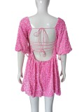 Women Square Neck Puff Sleeve Sequin Birthday Mini Dress