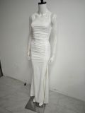 Women Backless Lace-Up Sexy Backless High Slit Pleated Bodycon Maxi Dress