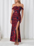 Women Mesh Backless High Slit Off-Shoulder Pleated Bodycon Maxi Strap Dress