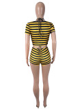 Women Sexy Striped Printed Short-Sleeve Top, Tank Top, and Shorts Three-Piece Set