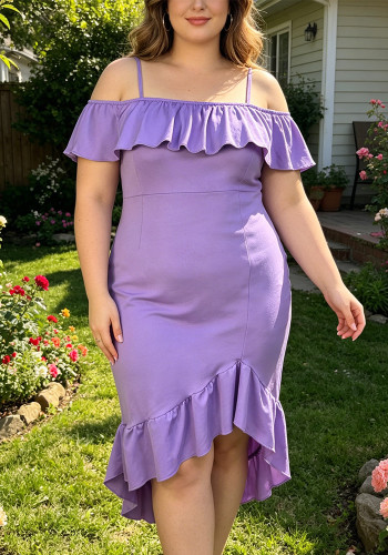 Plus Size Women Off-Shoulder halter ruffled asymmetrical fishtail dress