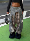 Women Checkered Patchwork Embroidered Denim Pants