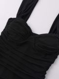 Women Mesh Backless High Slit Off-Shoulder Pleated Bodycon Maxi Strap Dress