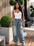 Women Washed Ripped Distressed Denim Pants