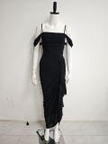Women Sexy Backless Pleated Irregular Slit Mesh Strap Dress