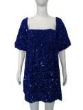 Women Square Neck Puff Sleeve Sequin Birthday Mini Dress