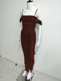 Women Sexy Backless Pleated Irregular Slit Mesh Strap Dress