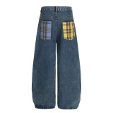 Women Checkered Number Patchwork Embroidered Denim Pants