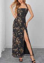 Women Summer Mesh Halter Neck Lace-Up Printed Maxi Dress Women Summer Mesh Halter Neck Lace-Up Printed Maxi Dress