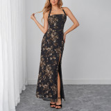 Women Summer Mesh Halter Neck Lace-Up Printed Maxi Dress