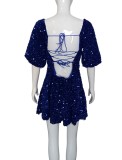 Women Square Neck Puff Sleeve Sequin Birthday Mini Dress