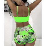 Women Tropical Leaf Print Fluorescent Square Leg Swimwear