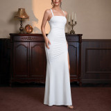 Women Backless Lace-Up Sexy Backless High Slit Pleated Bodycon Maxi Dress