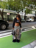 Women Checkered Patchwork Embroidered Denim Pants