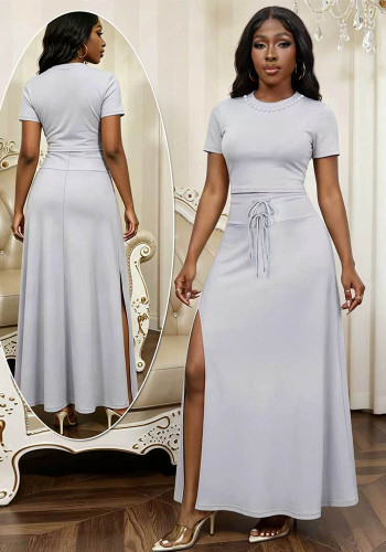 Women Pearl Round Neck Short-Sleeve Top + Slit Skirt Two-Piece Set