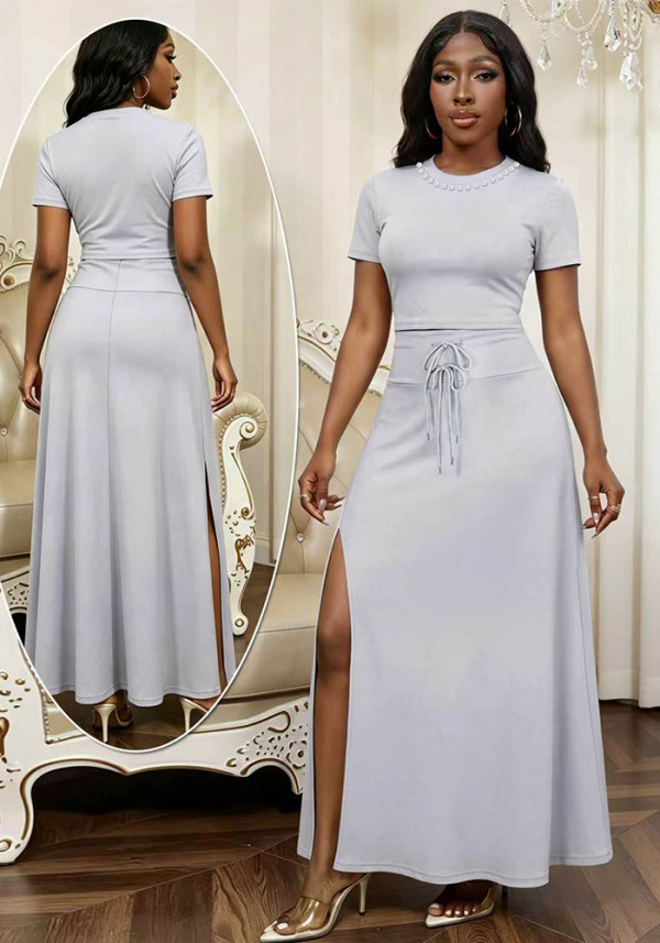 Women Pearl Round Neck Short-Sleeve Top + Slit Skirt Two-Piece Set