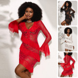 Women's Sexy See-Through Lace Deep V-Neck Bell Sleeve Bodycon Dress