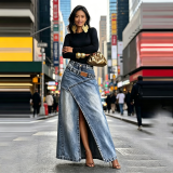 Women Summer Casual Slit Denim Skirt