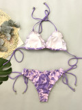Women Halter Neck Tie-Up Sexy Floral Print Ruffle Edge Swimwear Two-Piece