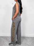 Women Casual Leopard Print Patchwork Sleeveless Vest Top and Wide-Leg Pants Two-Piece Set