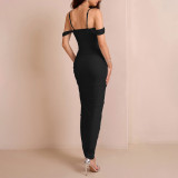 Women Sexy Backless Pleated Irregular Slit Mesh Strap Dress