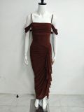 Women Sexy Backless Pleated Irregular Slit Mesh Strap Dress