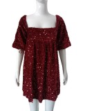 Women Square Neck Puff Sleeve Sequin Birthday Mini Dress