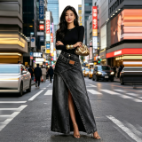 Women Summer Casual Slit Denim Skirt