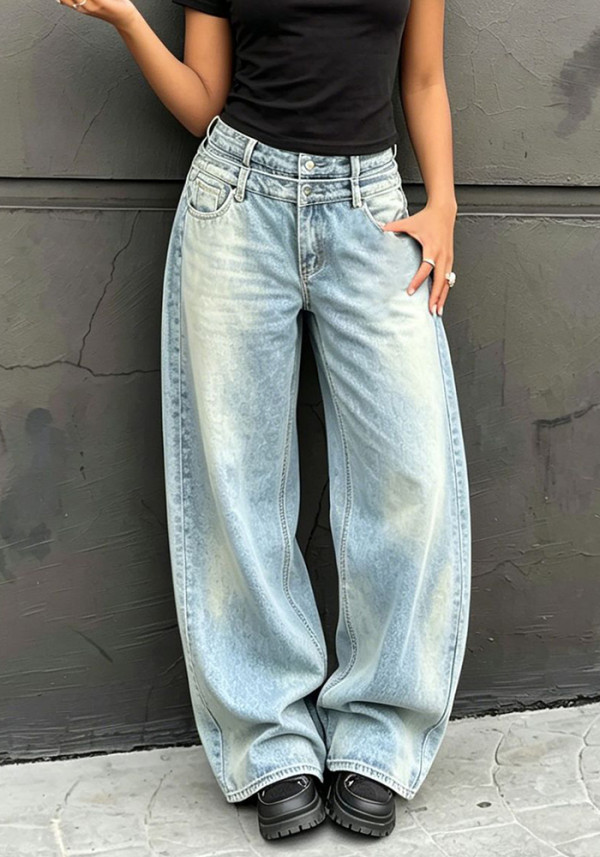 Women Double Waistband Light Washed Distressed Denim Pants