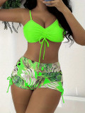Women Tropical Leaf Print Fluorescent Square Leg Swimwear