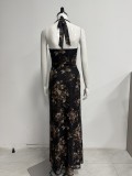 Women Summer Mesh Halter Neck Lace-Up Printed Maxi Dress